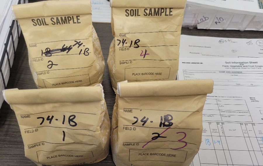 Soil sample bags lined up next to forms with unclear handwriting