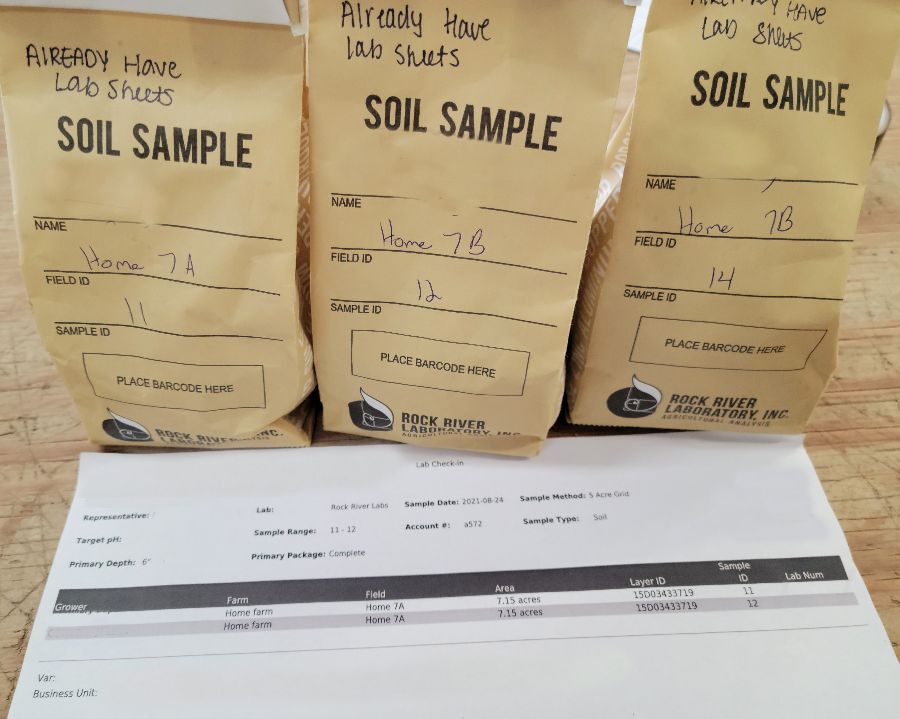 soil sample bags lined up with incomplete paperwork