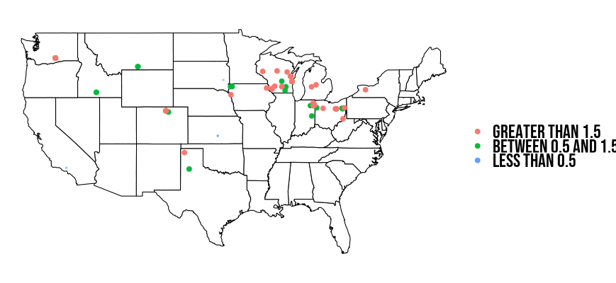 A plot of all Rock River Laboratory database DON occurences on a map of the US