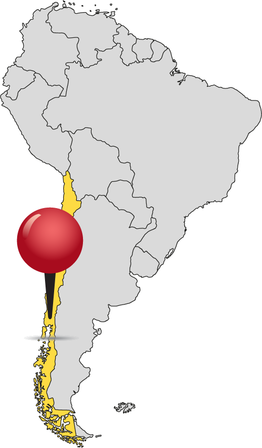 Red pin hovering over South American continent - specifically Chile - where Rock River Laboratory Chile is located
